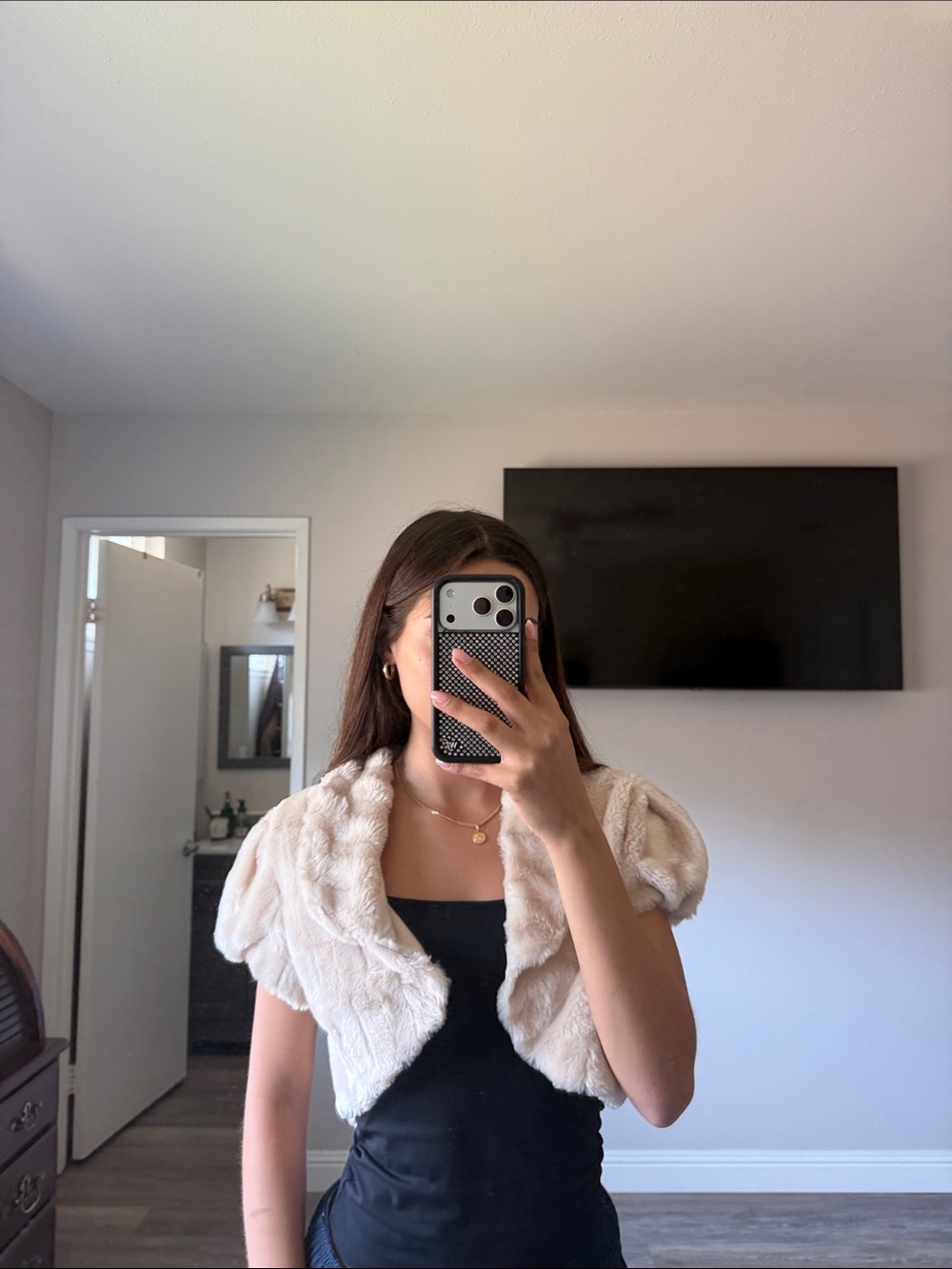 Vintage y2k Beige Faux Fur Short Sleeve Bolero Jacket